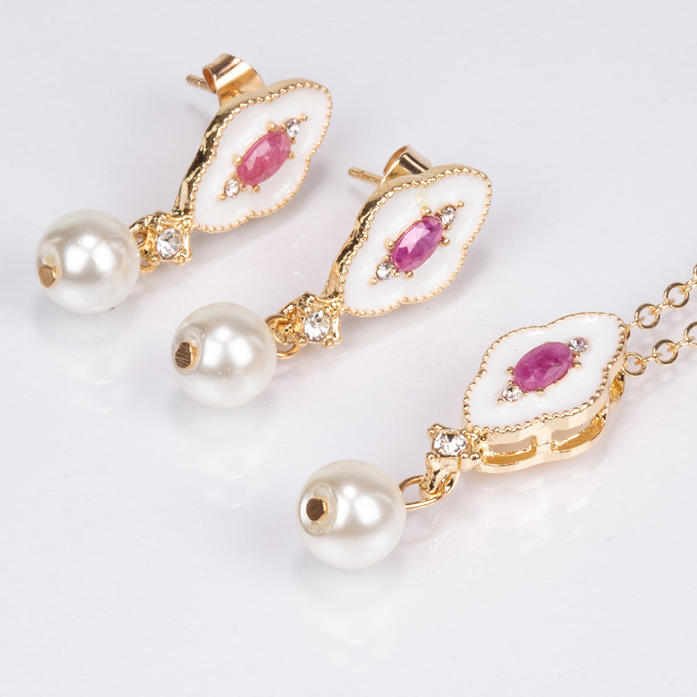 Conjunto de Aleación Bañado en Oro con Rubí y Perla de cristal ( Collar +Pendientes +Colgante ) 1 