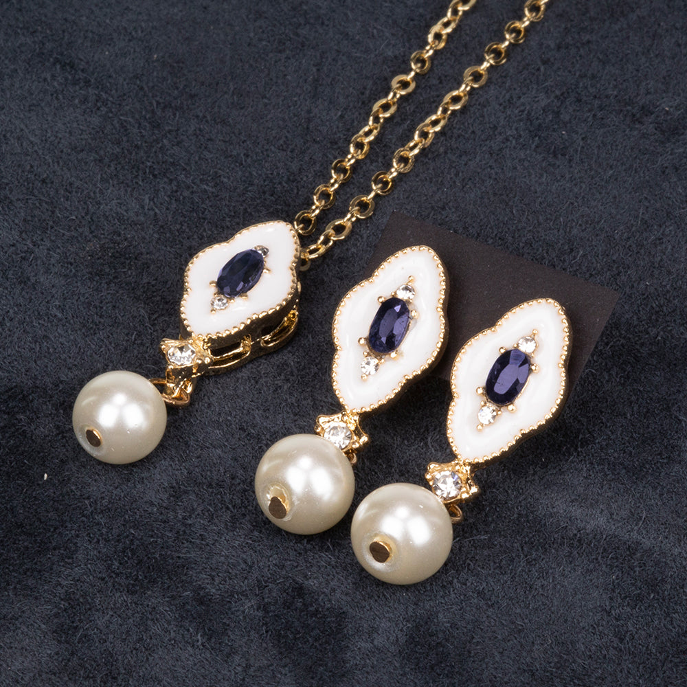 Conjunto de Aleación Bañado en Oro con Zafiro y Perla de cristal ( Collar +Pendientes +Colgante ) 3 