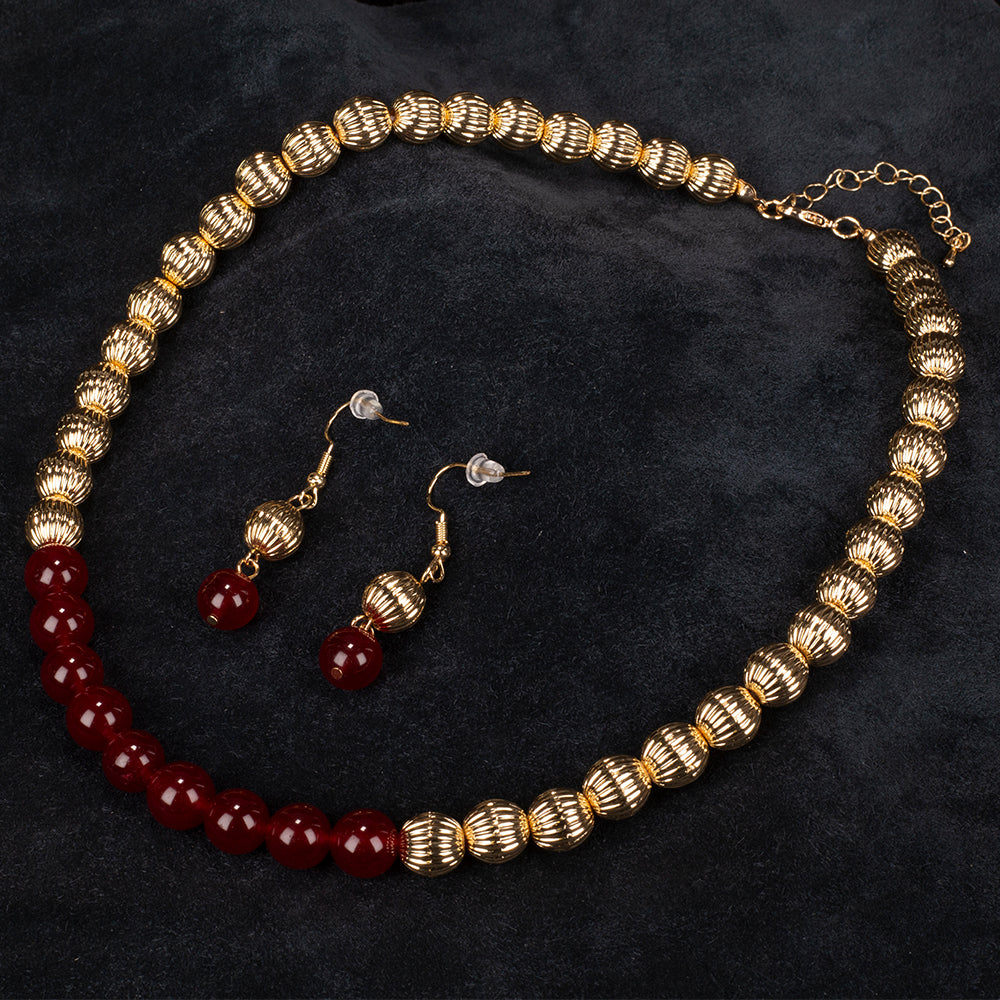 Conjunto de Aleación Bañado en Oro con Ágata Roja ( Collar +Pendientes ) 2 