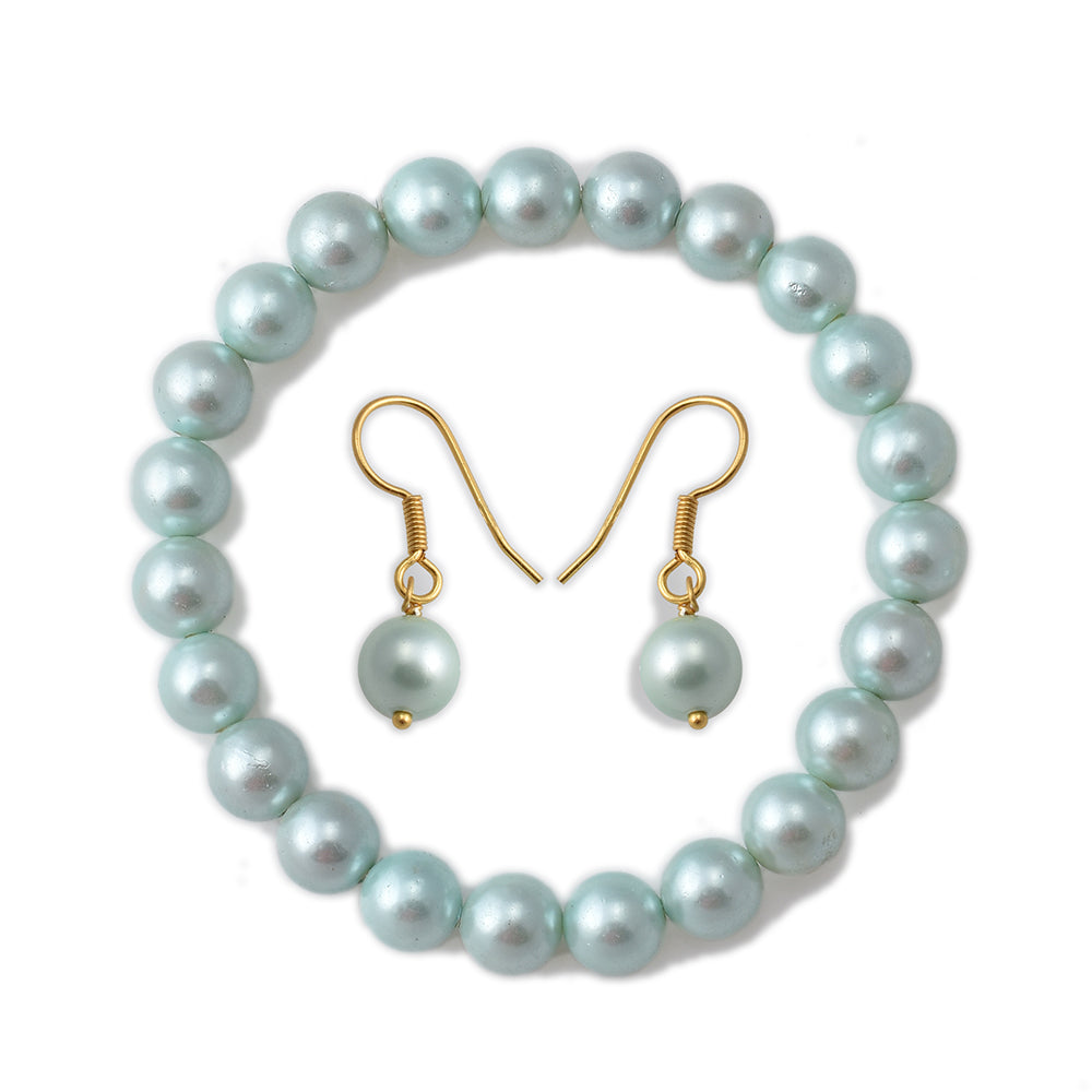 Conjunto de Plata Bañada en Oro con Perla de concha ( Pendientes +Pulsera ) 3 