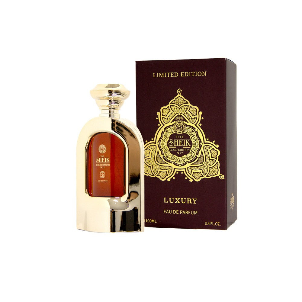 100 ml Eau de Perfume Oriental THE SHEIK (GOLD EDITION) N.77 (Top: Lemon, Apple. Cinnamon, Mandarin; Middle: Lily Of The Valley, Jasmine, Sage; Base: Musk, Cedarwood, Amber, Vetiver, Sandal Wood, Patchouli) 1 