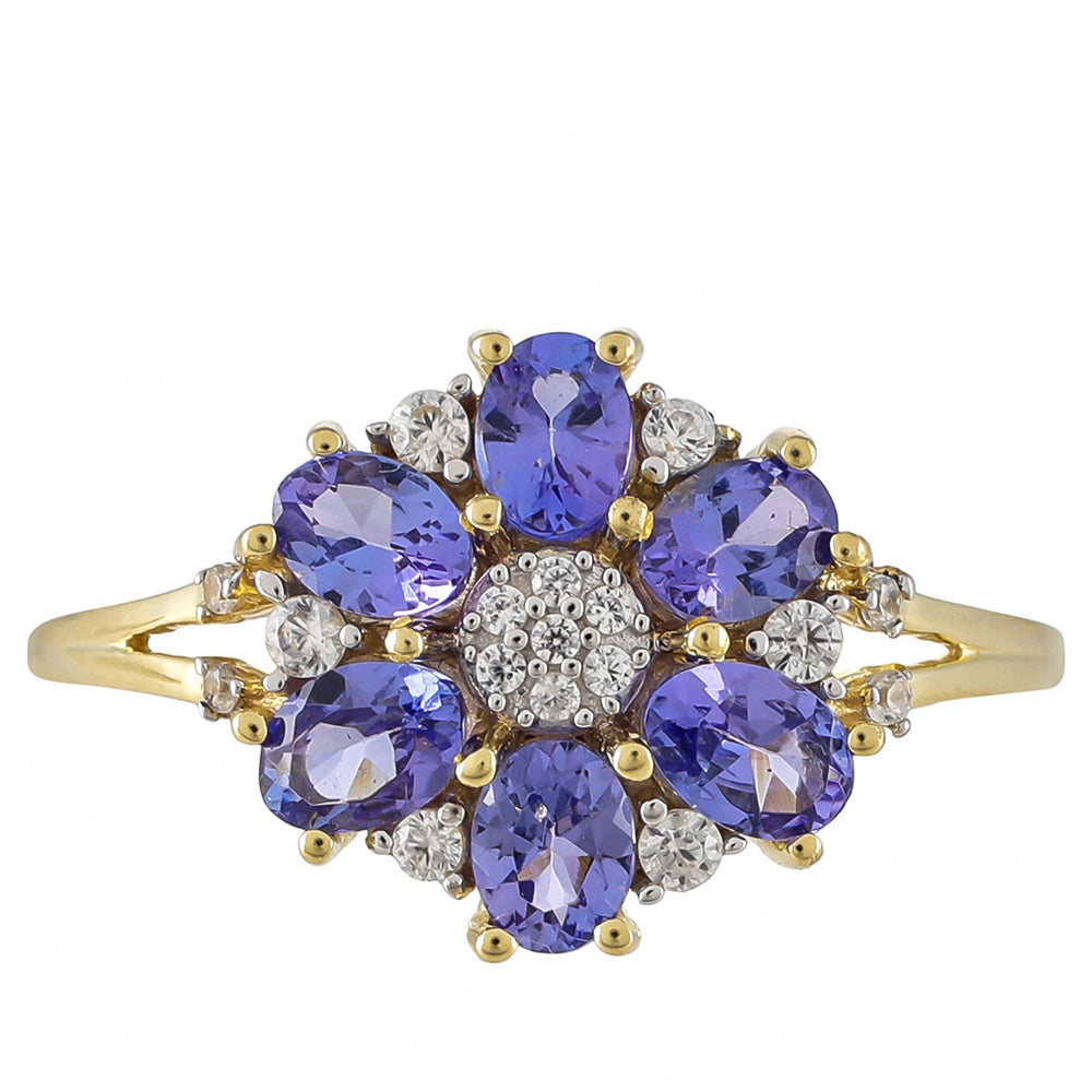 Anillo de Oro 9K con Tanzanita AAA y Zircón natural