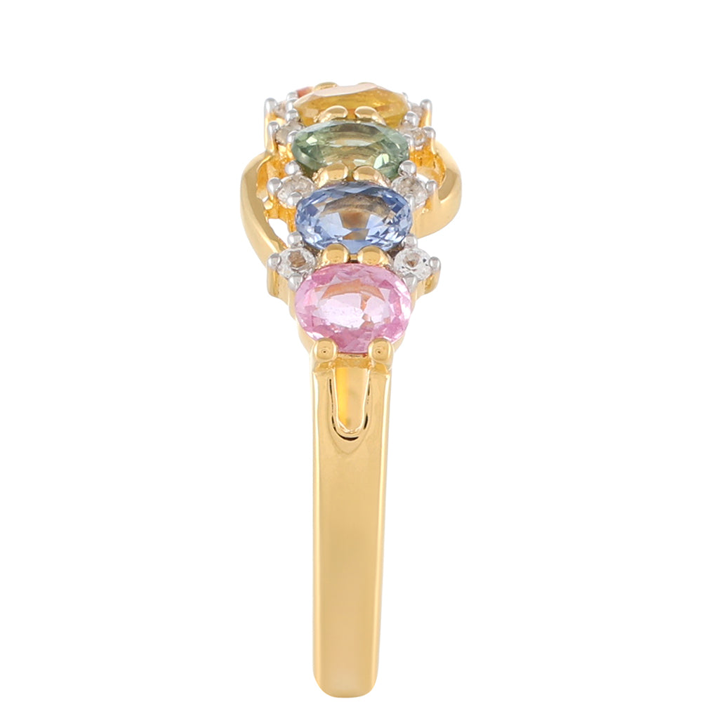 Anillo de Plata Bañada en Oro con Zafiro Arco Iris y Topacio Blanco