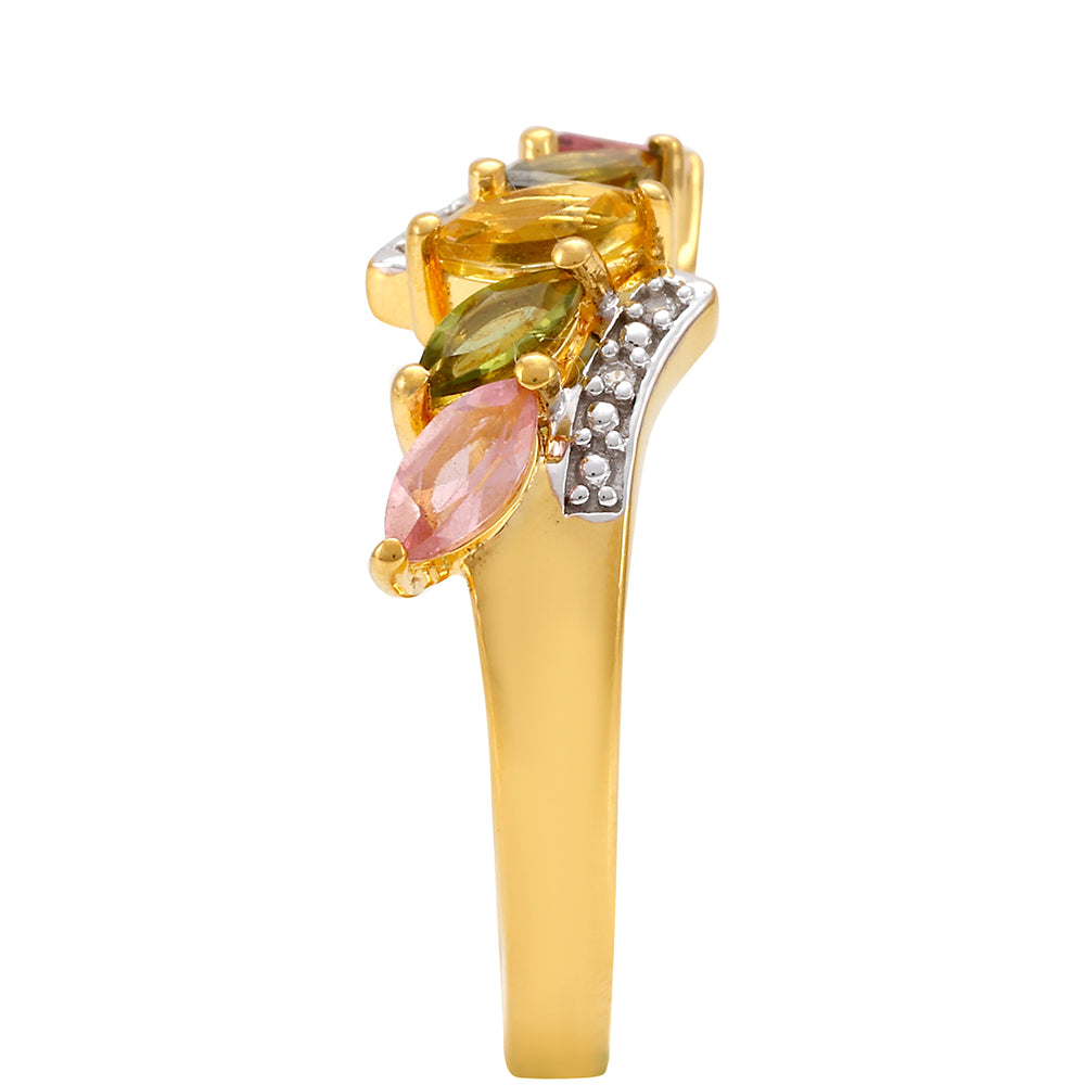 Anillo de Plata Bañada en Oro con Turmalina Arco Iris Pelmadulla y Topacio Blanco 3 