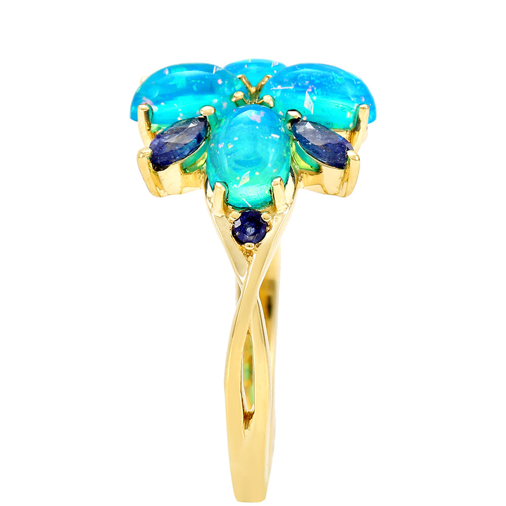 Anillo de Oro 9K con Ópalo Azul Paraiba de Etiopía y Zafiro Azul