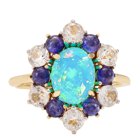 Anillo de Oro 9K con Ópalo Azul Paraiba de Etiopía y Zafiro Azul