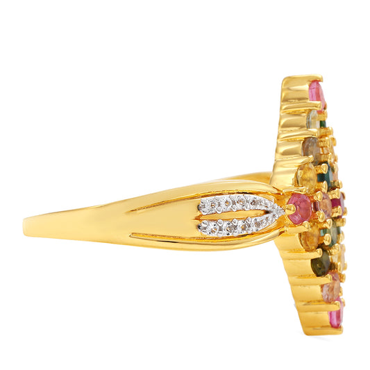 Anillo de Plata Bañada en Oro con Turmalina Arco Iris Pelmadulla y Topacio Blanco