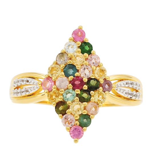 Anillo de Plata Bañada en Oro con Turmalina Arco Iris Pelmadulla y Topacio Blanco
