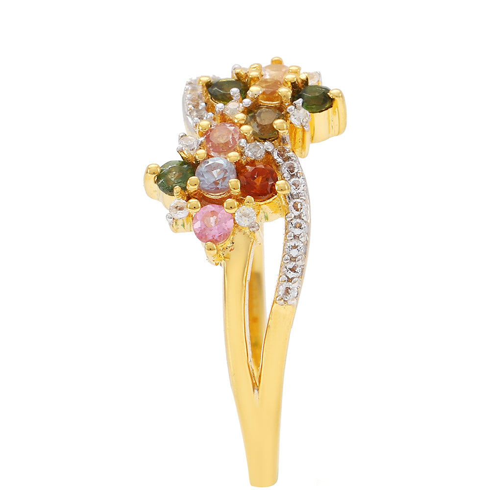 Anillo de Plata Bañada en Oro con Turmalina Arco Iris Pelmadulla y Topacio Blanco 3 