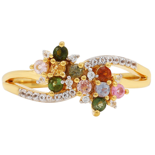 Anillo de Plata Bañada en Oro con Turmalina Arco Iris Pelmadulla y Topacio Blanco