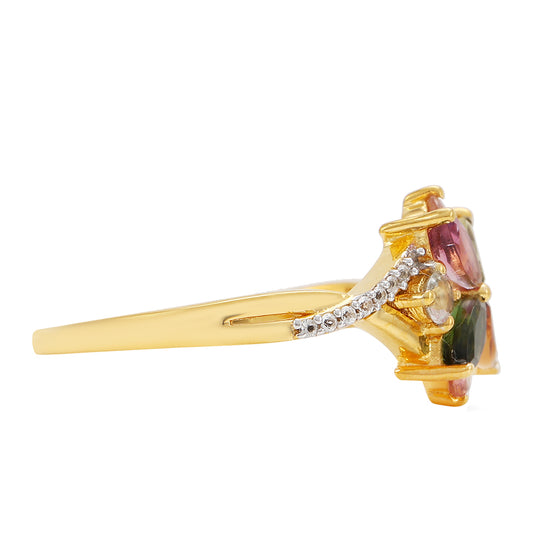 Anillo de Plata Bañada en Oro con Turmalina Arco Iris Pelmadulla y Topacio Blanco
