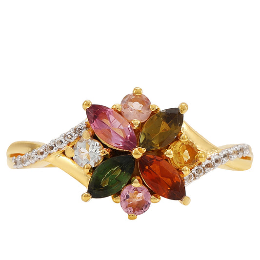 Anillo de Plata Bañada en Oro con Turmalina Arco Iris Pelmadulla y Topacio Blanco