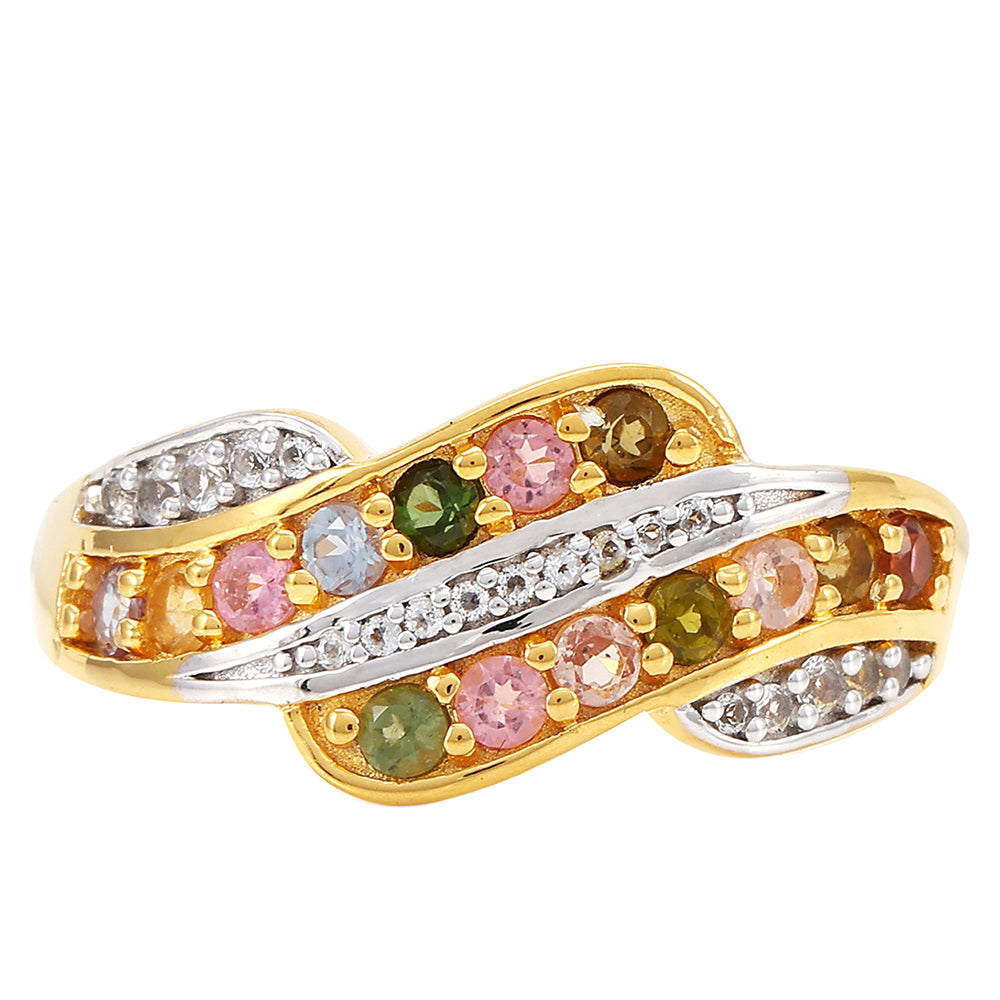 Anillo de Plata Bañada en Oro con Turmalina Arco Iris Pelmadulla y Topacio Blanco 1 