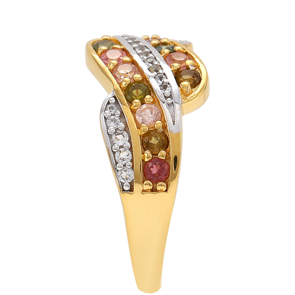 Anillo de Plata Bañada en Oro con Turmalina Arco Iris Pelmadulla y Topacio Blanco
