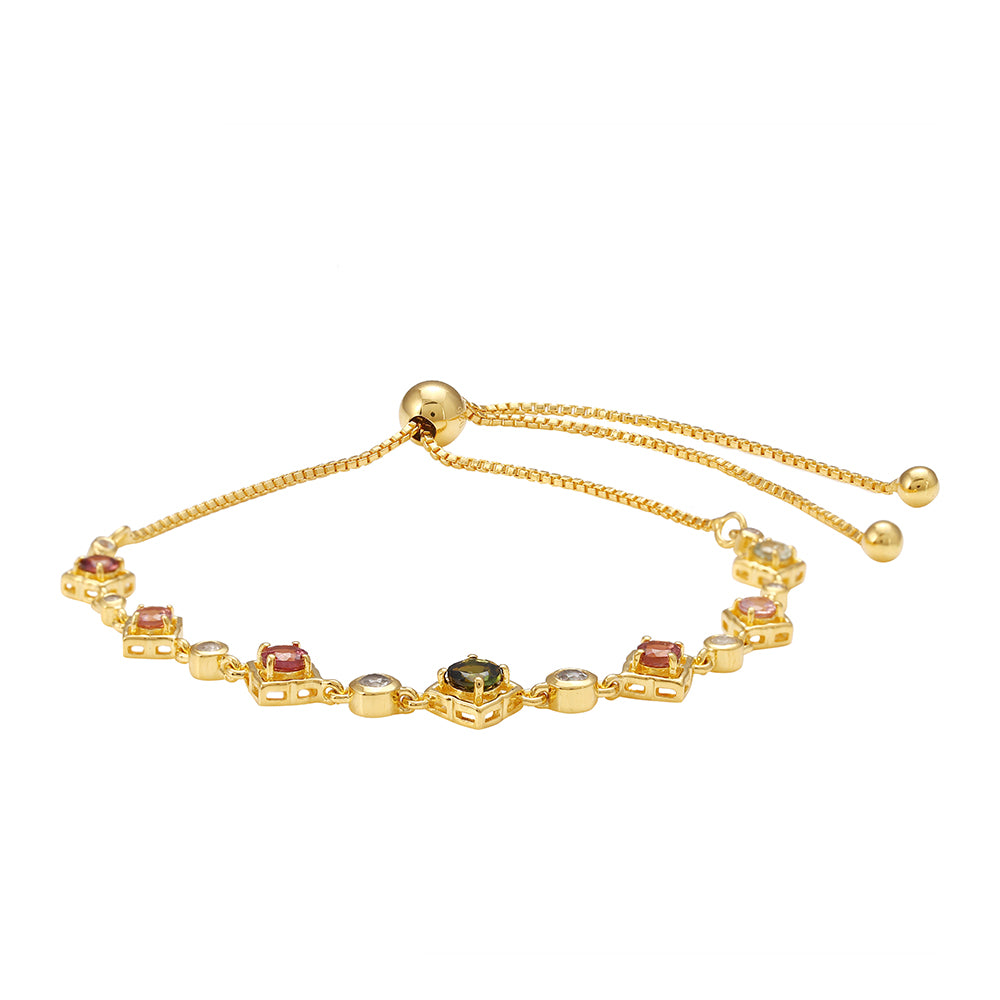 Pulsera de Plata Bañada en Oro con Turmalina Arco Iris Pelmadulla y Topacio Blanco