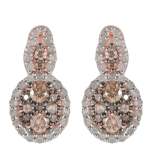 Pendientes de Plata Bañada en Oro Rosa con Diamante Champagne y Diamante blanco