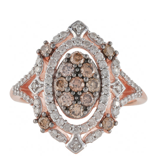 Anillo de Plata Bañada en Oro Rosa con Diamante Champagne y Diamante blanco