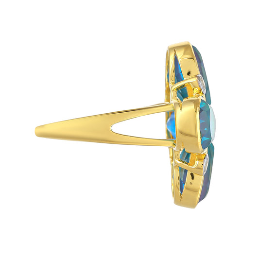 Anillo de Plata Bañada en Oro con Cuarzo Pavo Real y Topacio Blanco