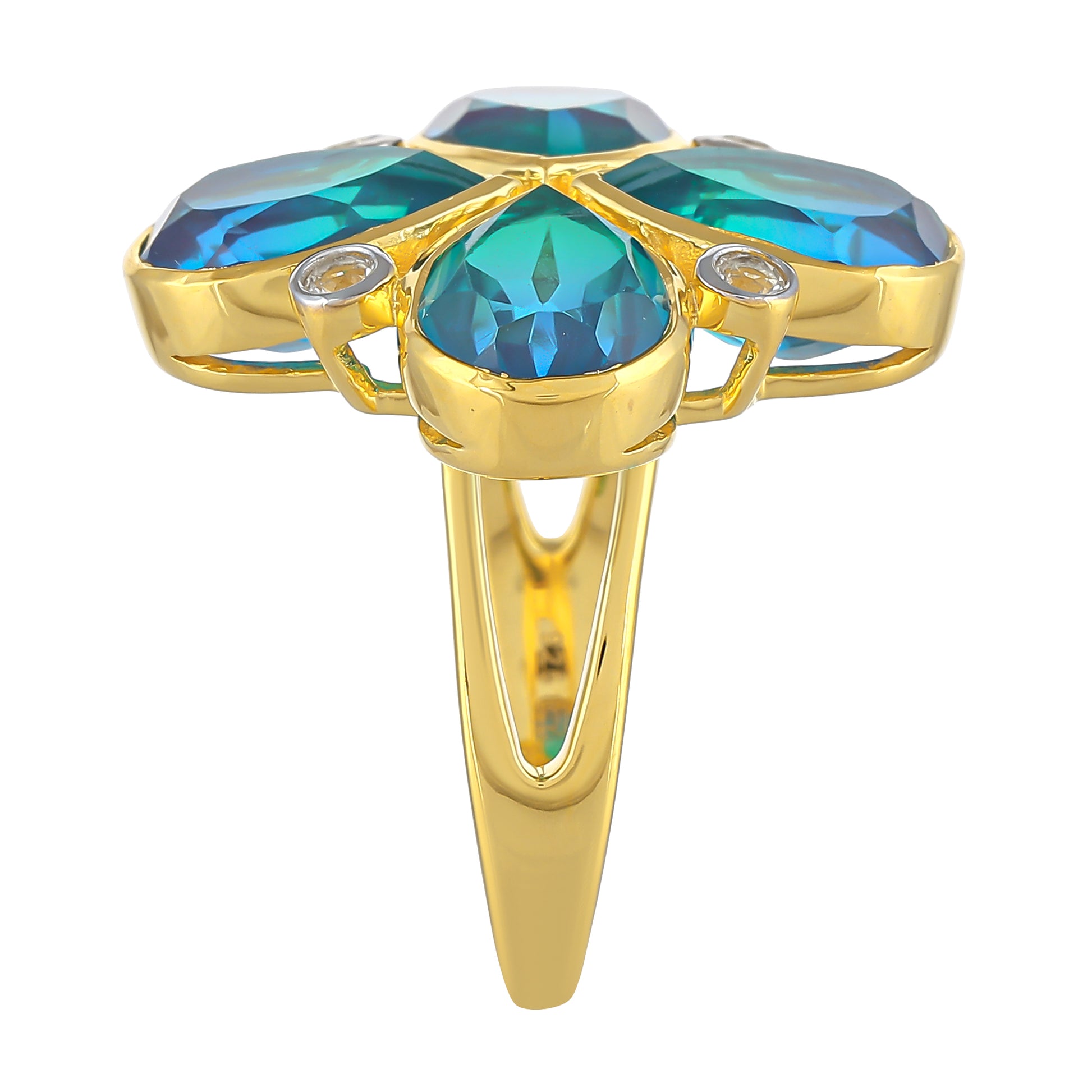 Anillo de Plata Bañada en Oro con Cuarzo Pavo Real y Topacio Blanco 3 