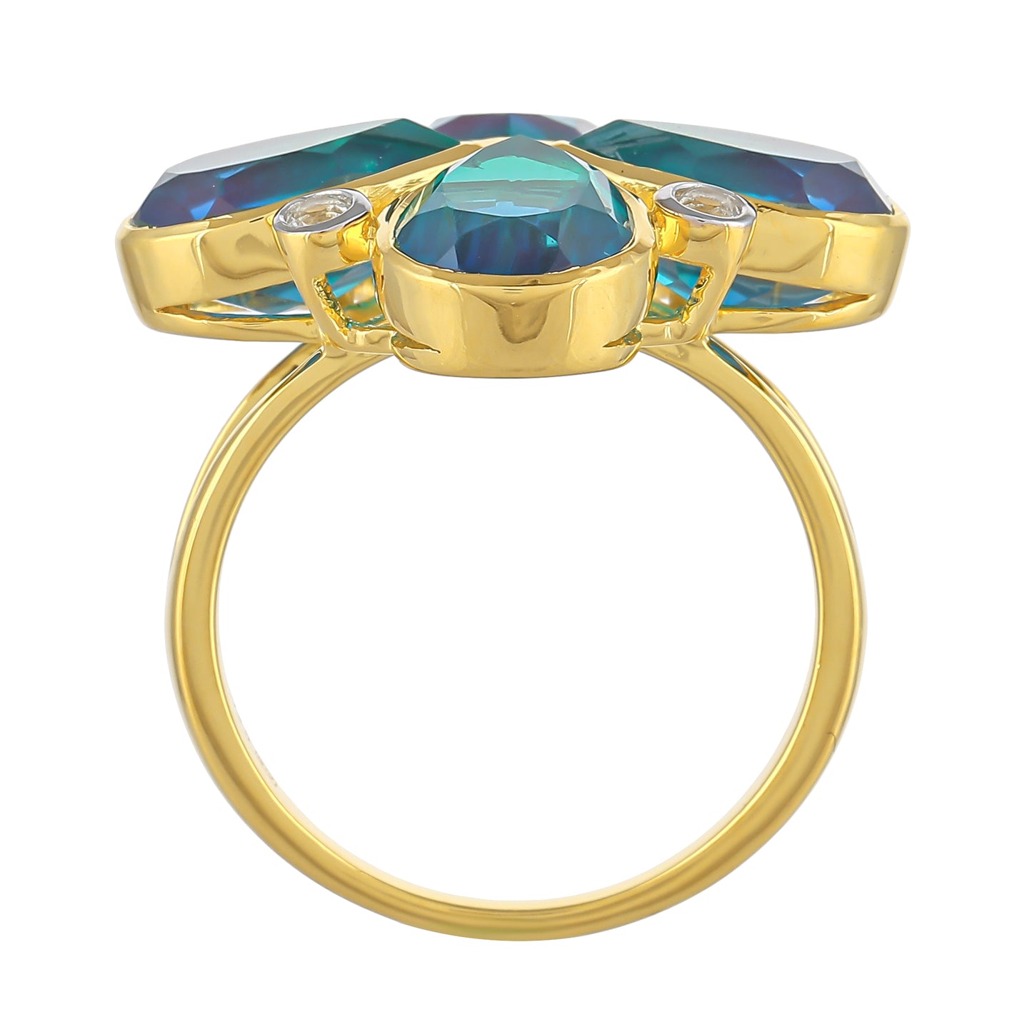 Anillo de Plata Bañada en Oro con Cuarzo Pavo Real y Topacio Blanco