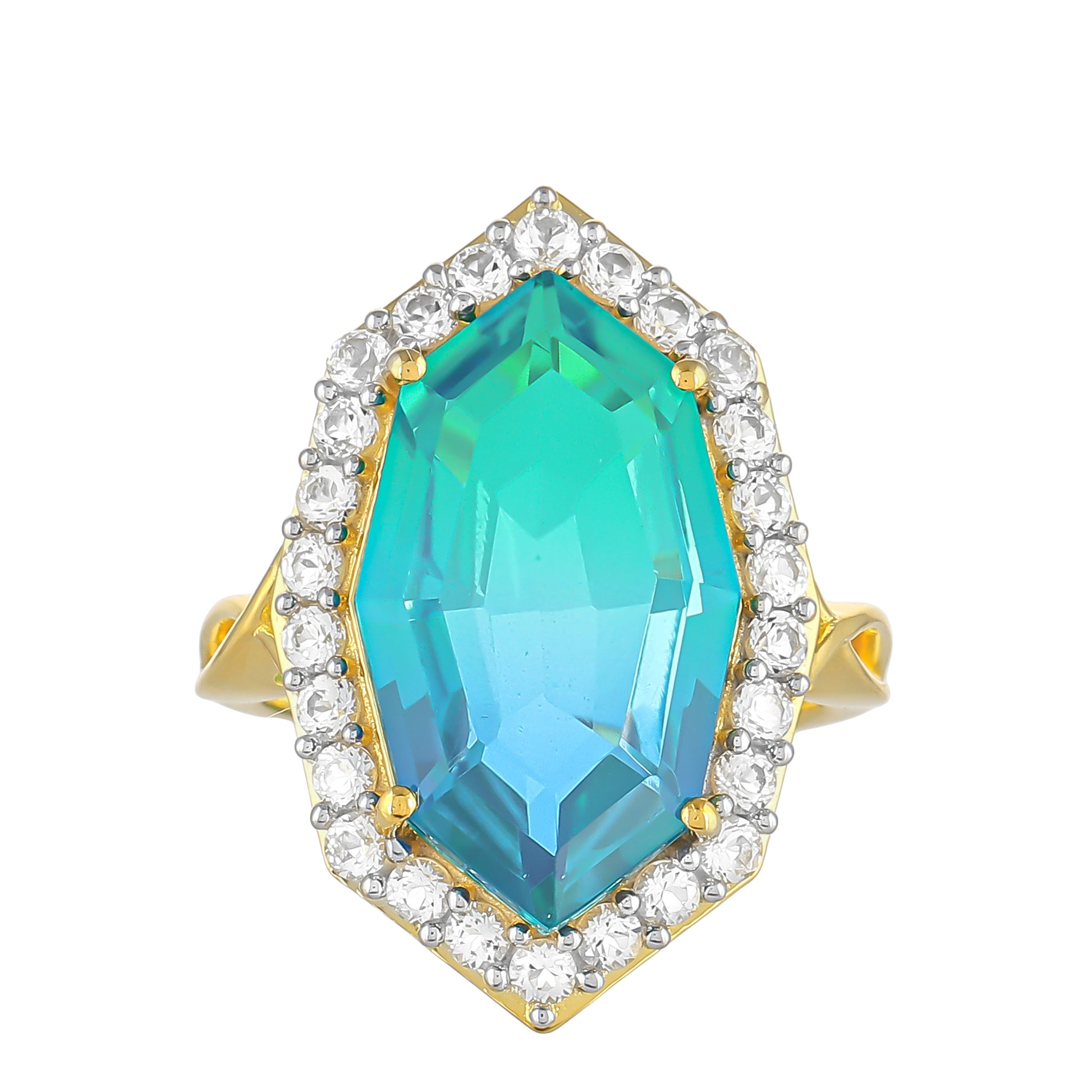 Anillo de Plata Bañada en Oro con Cuarzo Pavo Real y Topacio Blanco 1 
