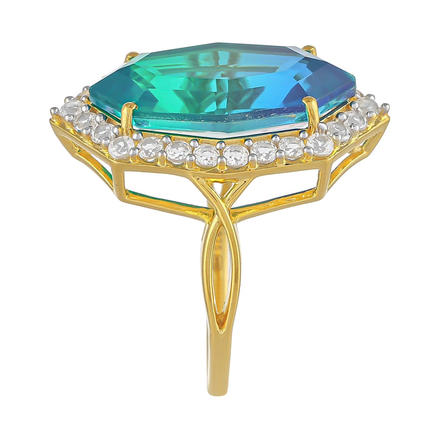 Anillo de Plata Bañada en Oro con Cuarzo Pavo Real y Topacio Blanco