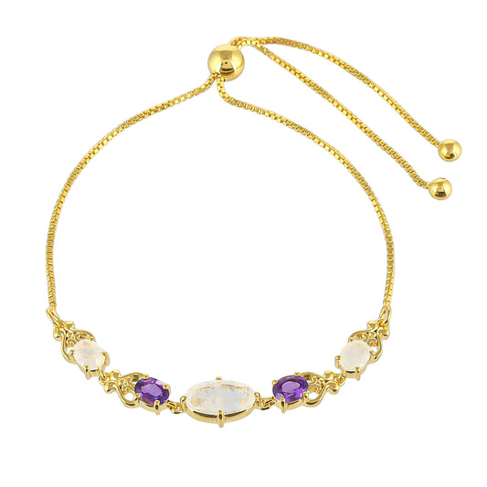 Pulsera de Plata Bañada en Oro con Piedra Lunar Arco Iris y Amatista de Brasil