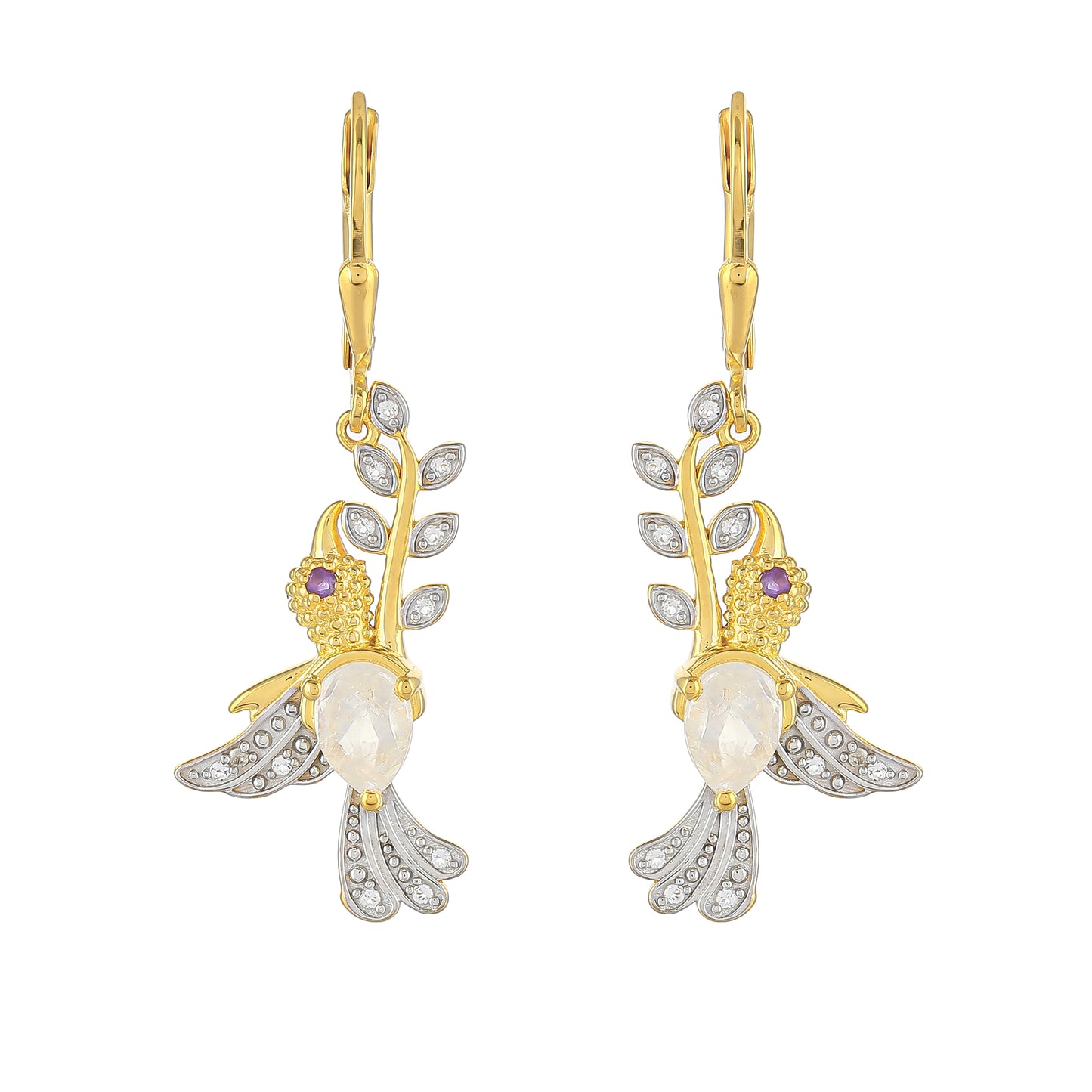 Pendientes de Plata Bañada en Oro con Piedra Lunar Arco Iris y Amatista de Brasil