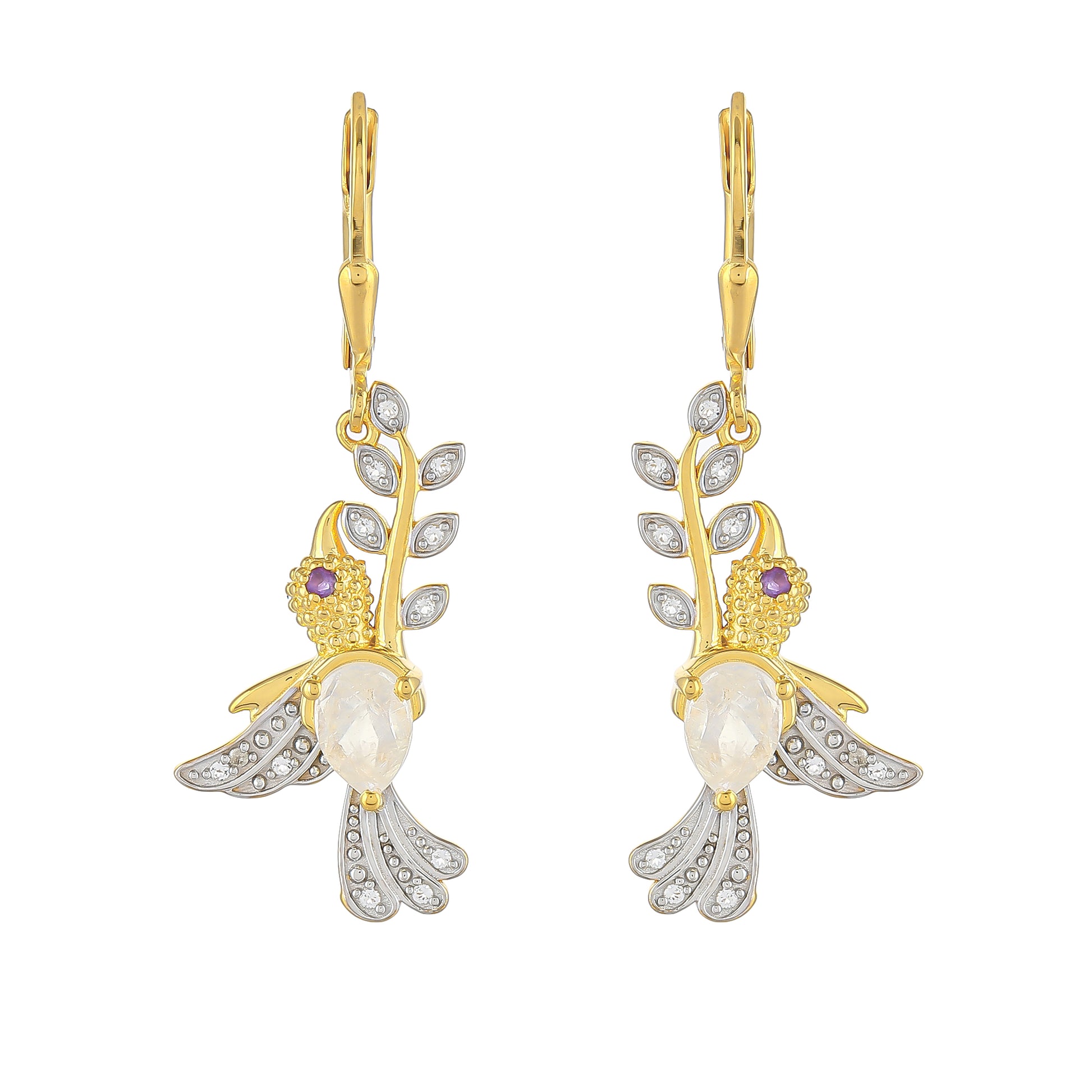 Pendientes de Plata Bañada en Oro con Piedra Lunar Arco Iris y Amatista de Brasil 1 