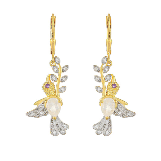 Pendientes de Plata Bañada en Oro con Piedra Lunar Arco Iris y Amatista de Brasil