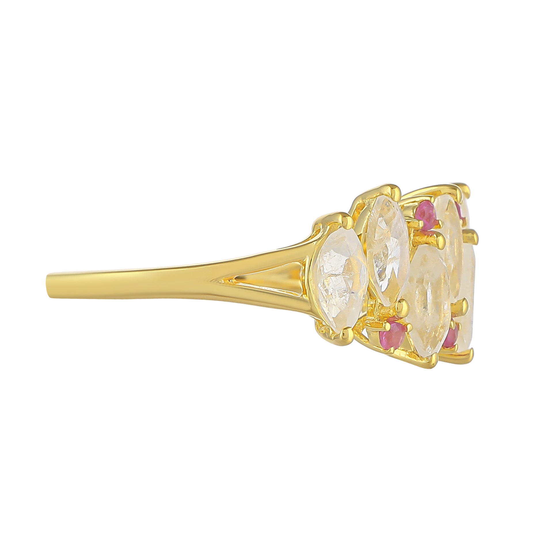 Anillo de Plata Bañada en Oro con Piedra Lunar Arco Iris y Rubí de Tailandia 2 