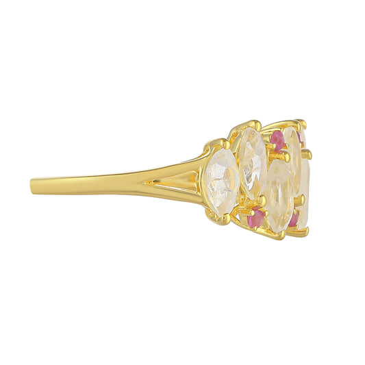 Anillo de Plata Bañada en Oro con Piedra Lunar Arco Iris y Rubí de Tailandia