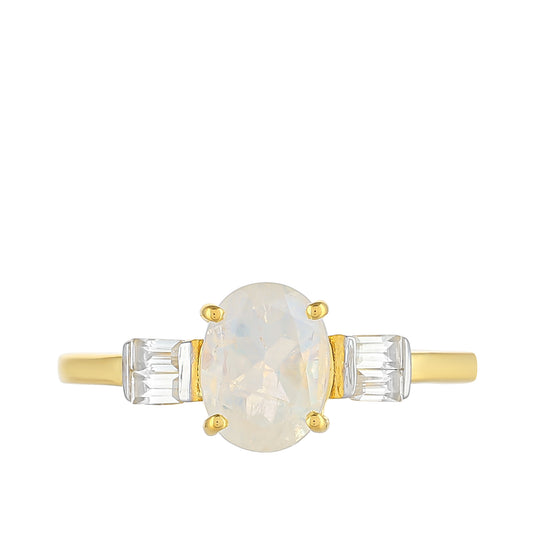 Anillo de Plata Bañada en Oro con Piedra Lunar Arco Iris y Topacio Blanco