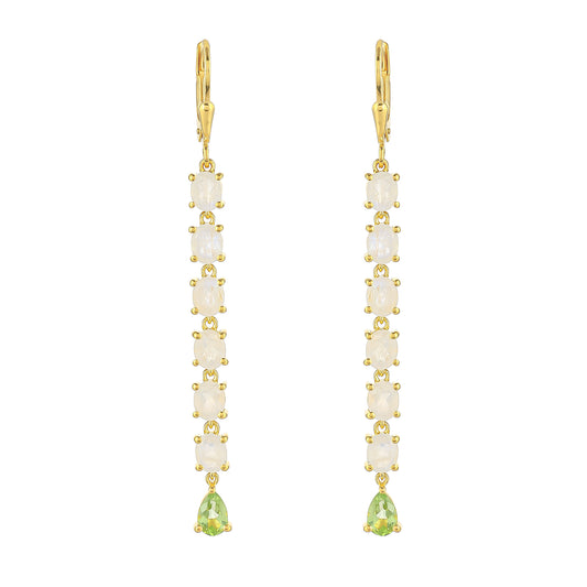 Pendientes de Plata Bañada en Oro con Piedra Lunar Arco Iris y Peridoto