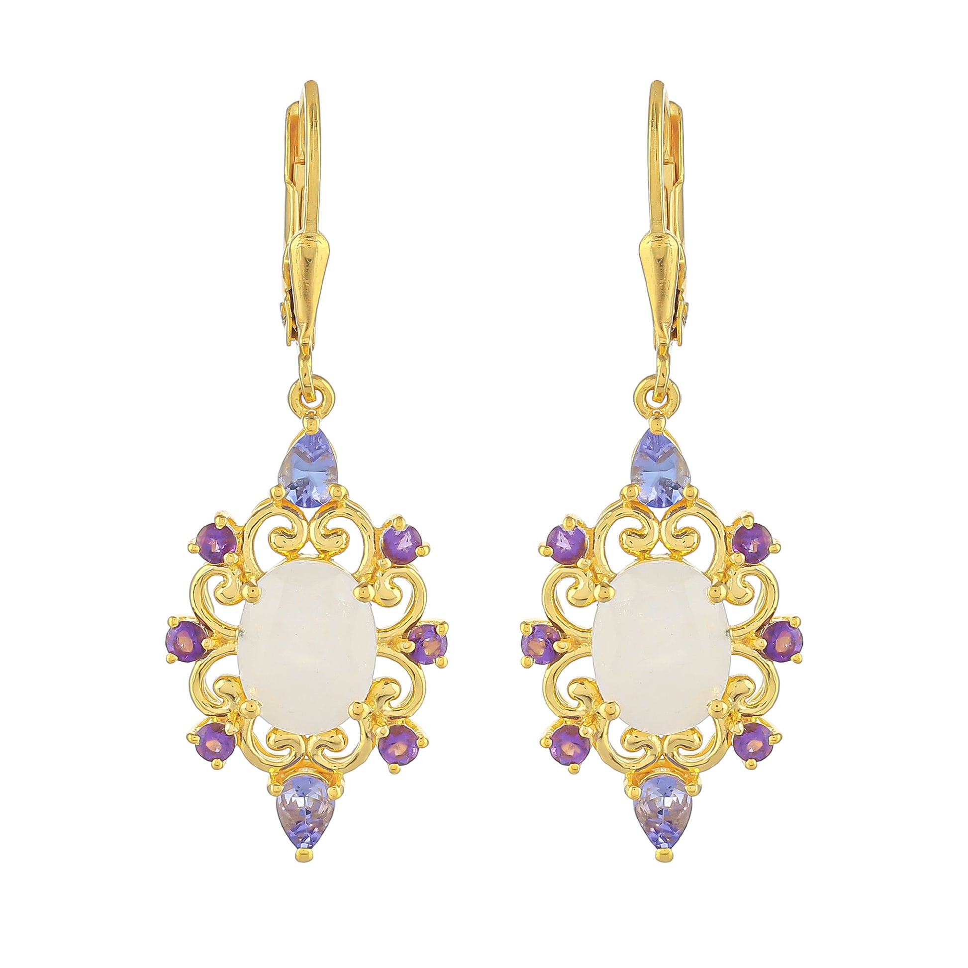 Pendientes de Plata Bañada en Oro con Piedra Lunar Arco Iris y Tanzanita 1 