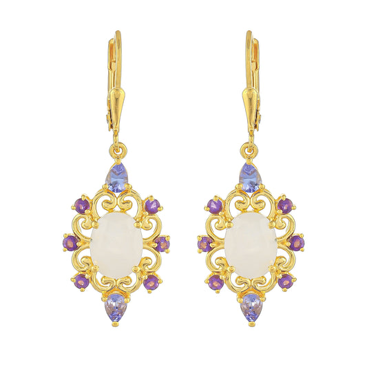 Pendientes de Plata Bañada en Oro con Piedra Lunar Arco Iris y Tanzanita