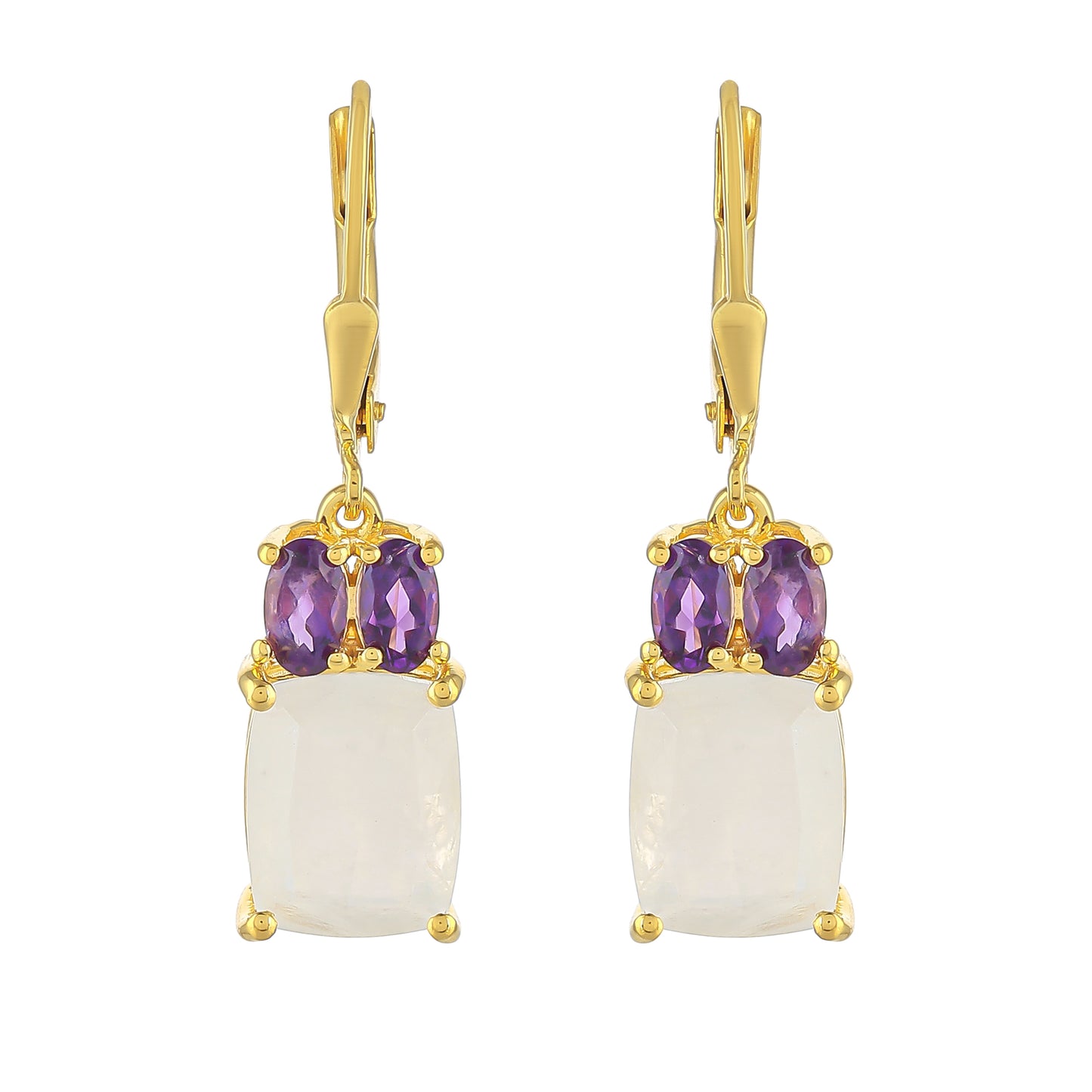 Pendientes de Plata Bañada en Oro con Piedra Lunar Arco Iris y Amatista de Brasil