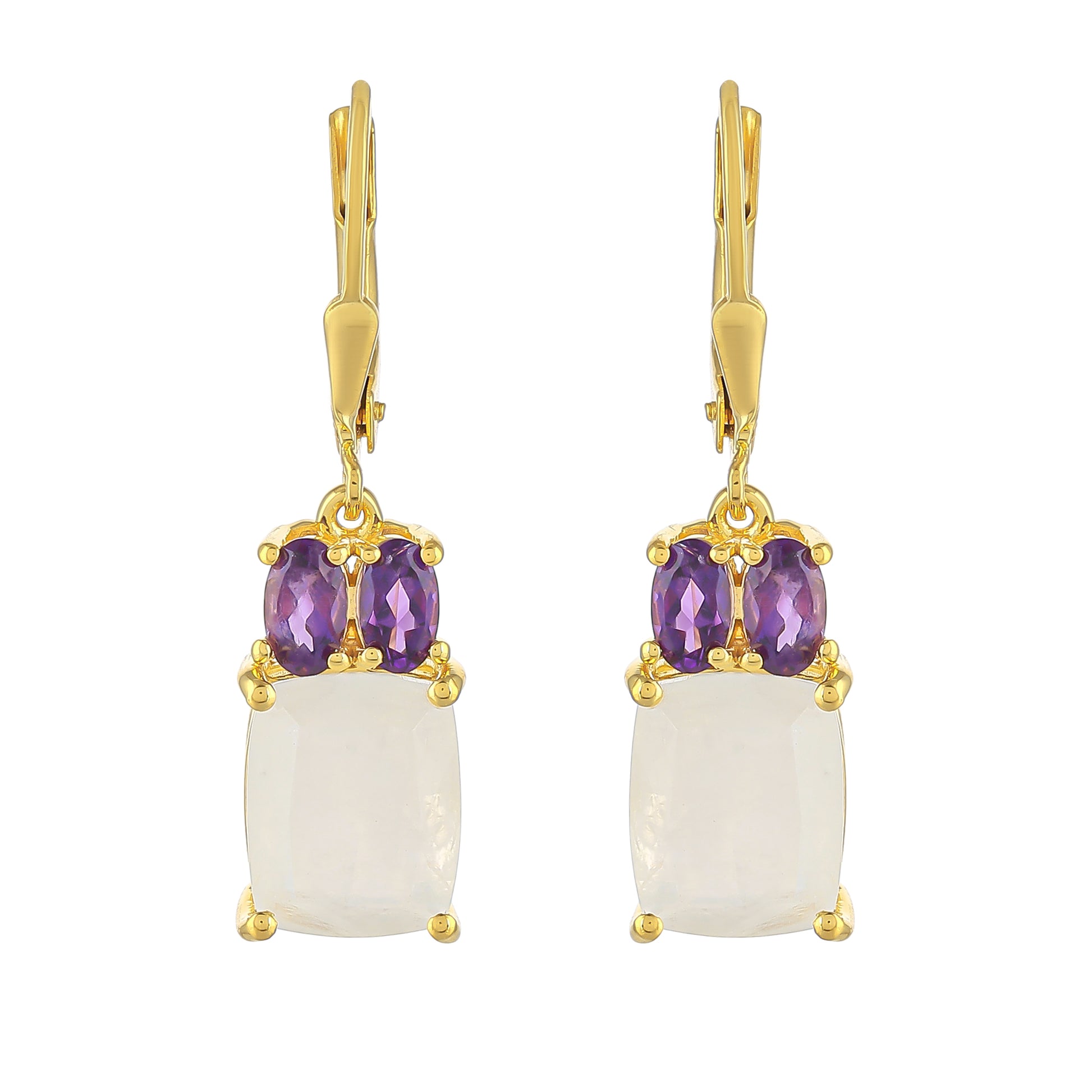 Pendientes de Plata Bañada en Oro con Piedra Lunar Arco Iris y Amatista de Brasil 1 