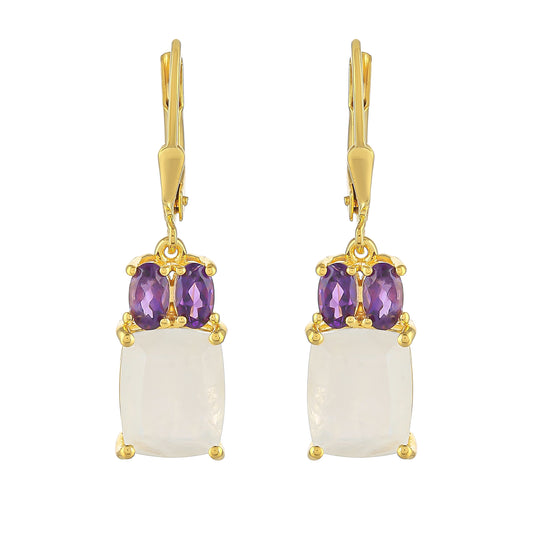 Pendientes de Plata Bañada en Oro con Piedra Lunar Arco Iris y Amatista de Brasil