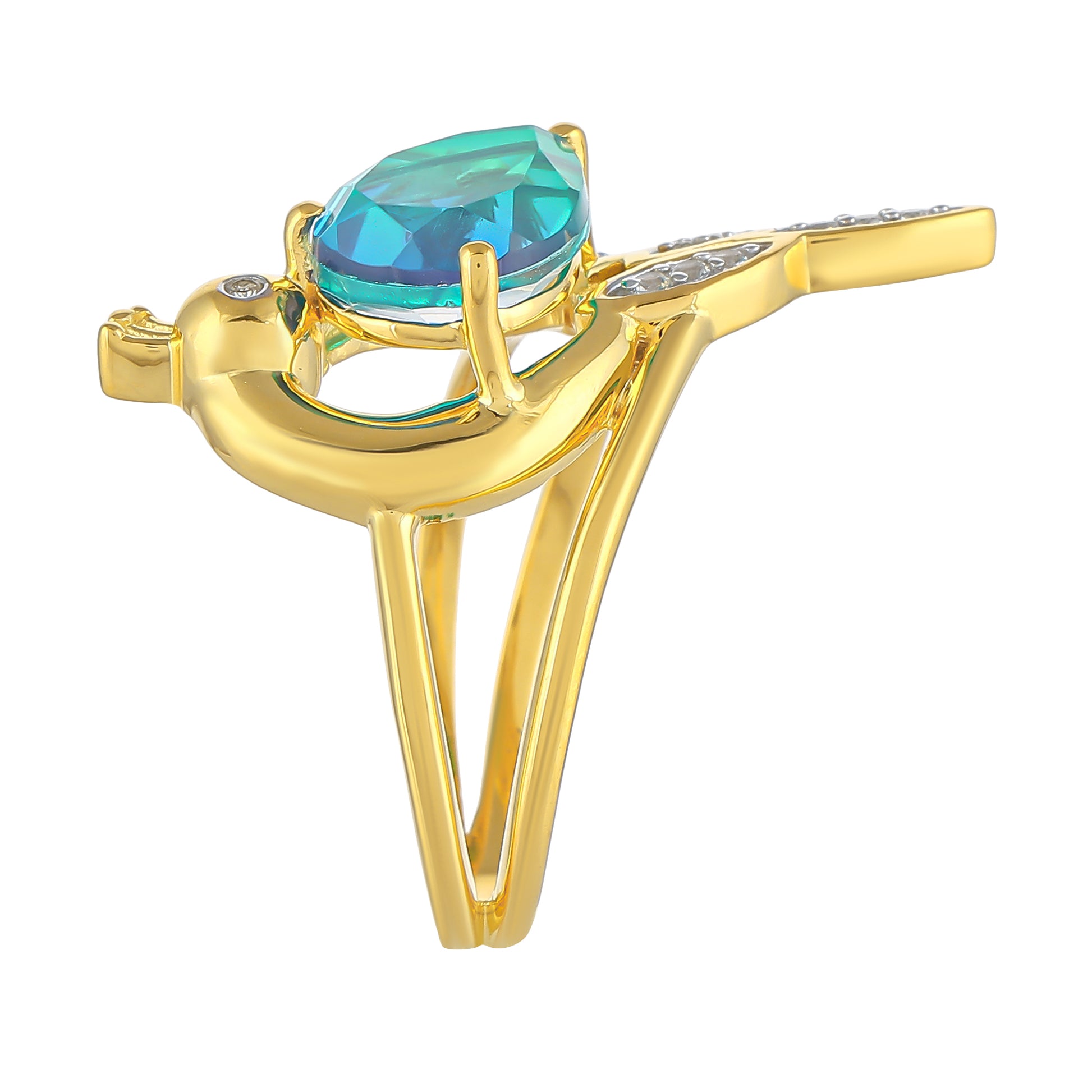 Anillo de Plata Bañada en Oro con Cuarzo Pavo Real y Topacio Blanco 3 