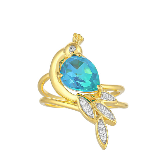 Anillo de Plata Bañada en Oro con Cuarzo Pavo Real y Topacio Blanco