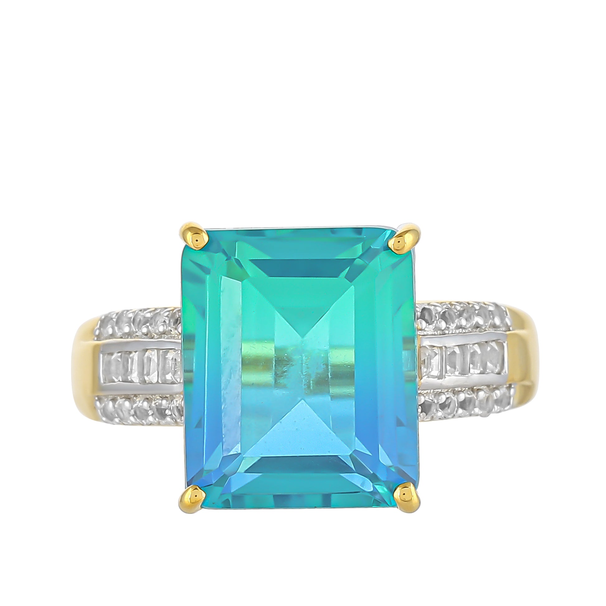 Anillo de Plata Bañada en Oro con Cuarzo Pavo Real y Topacio Blanco 1 
