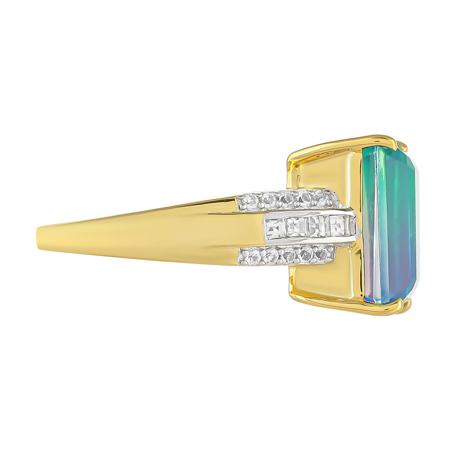 Anillo de Plata Bañada en Oro con Cuarzo Pavo Real y Topacio Blanco 2 