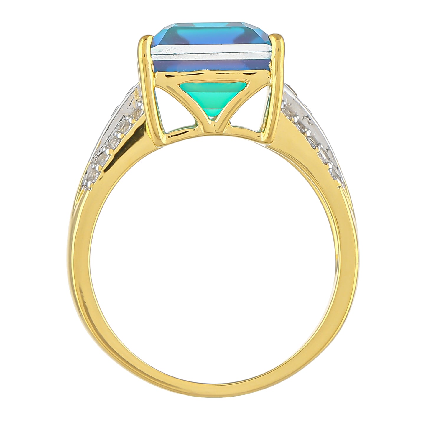Anillo de Plata Bañada en Oro con Cuarzo Pavo Real y Topacio Blanco