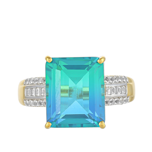 Anillo de Plata Bañada en Oro con Cuarzo Pavo Real y Topacio Blanco
