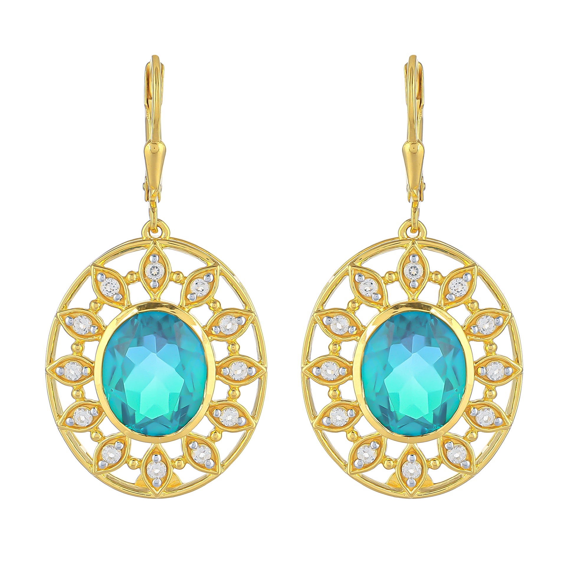 Pendientes de Plata Bañada en Oro con Cuarzo Pavo Real y Topacio Blanco 1 