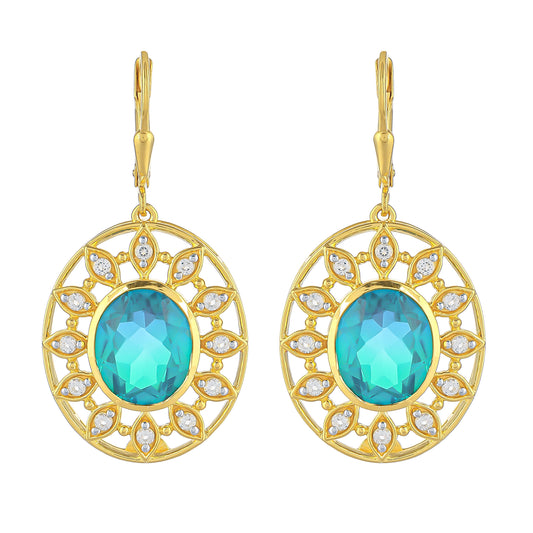 Pendientes de Plata Bañada en Oro con Cuarzo Pavo Real y Topacio Blanco