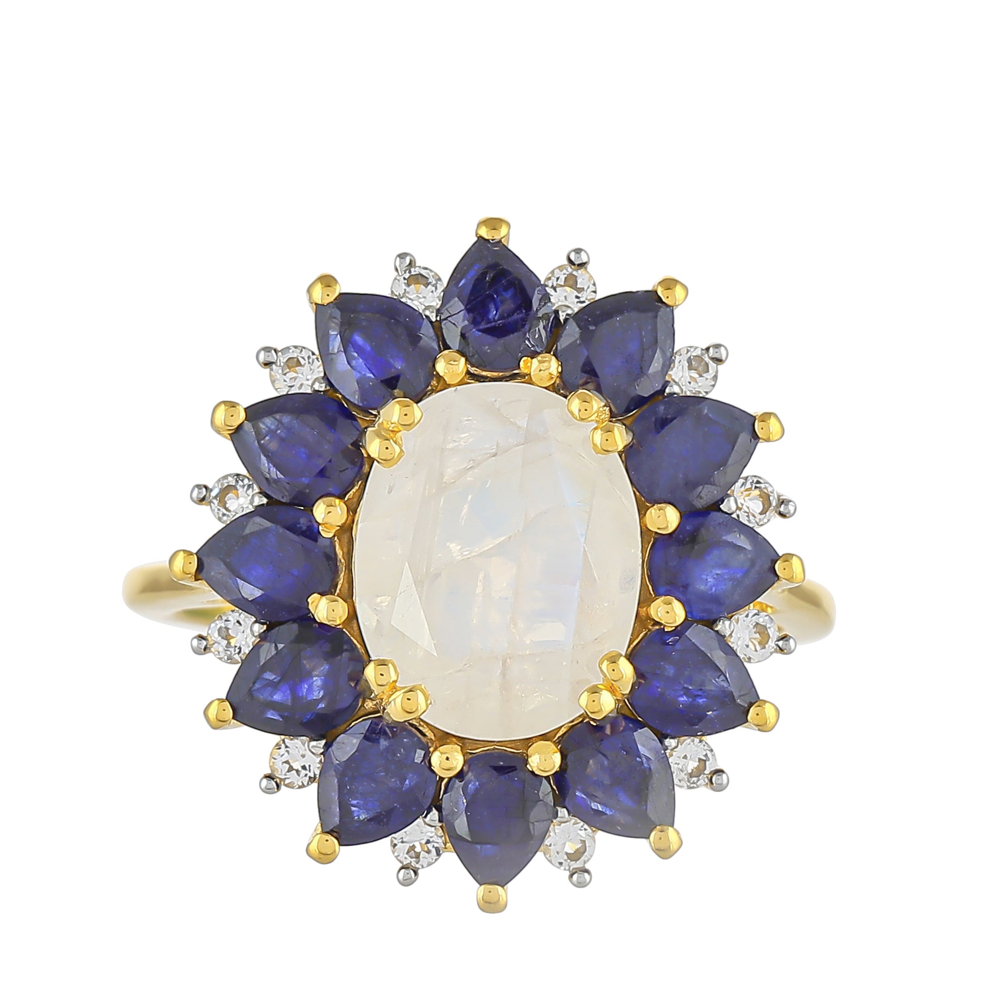 Anillo de Plata Bañada en Oro con Piedra Lunar Arco Iris y Zafiro de Tailandia 1 