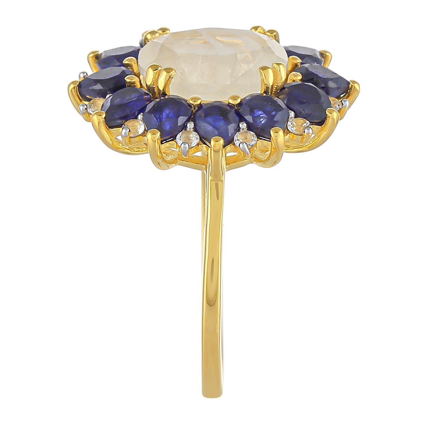 Anillo de Plata Bañada en Oro con Piedra Lunar Arco Iris y Zafiro de Tailandia