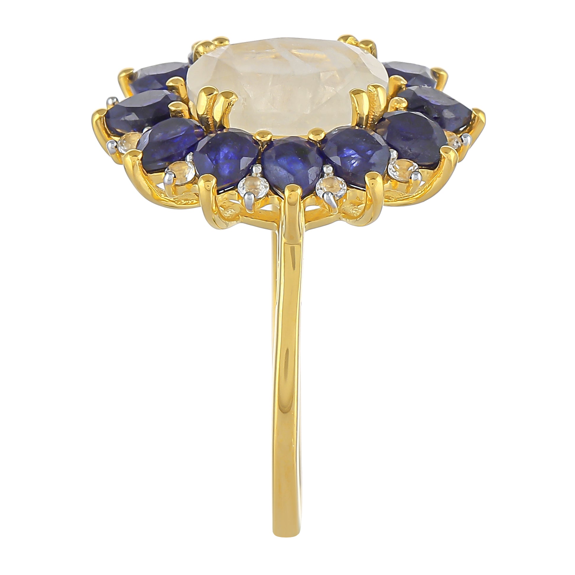 Anillo de Plata Bañada en Oro con Piedra Lunar Arco Iris y Zafiro de Tailandia 3 